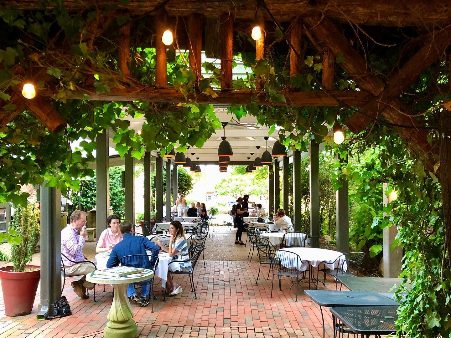 Outdoor patio with greenery and overhead lights