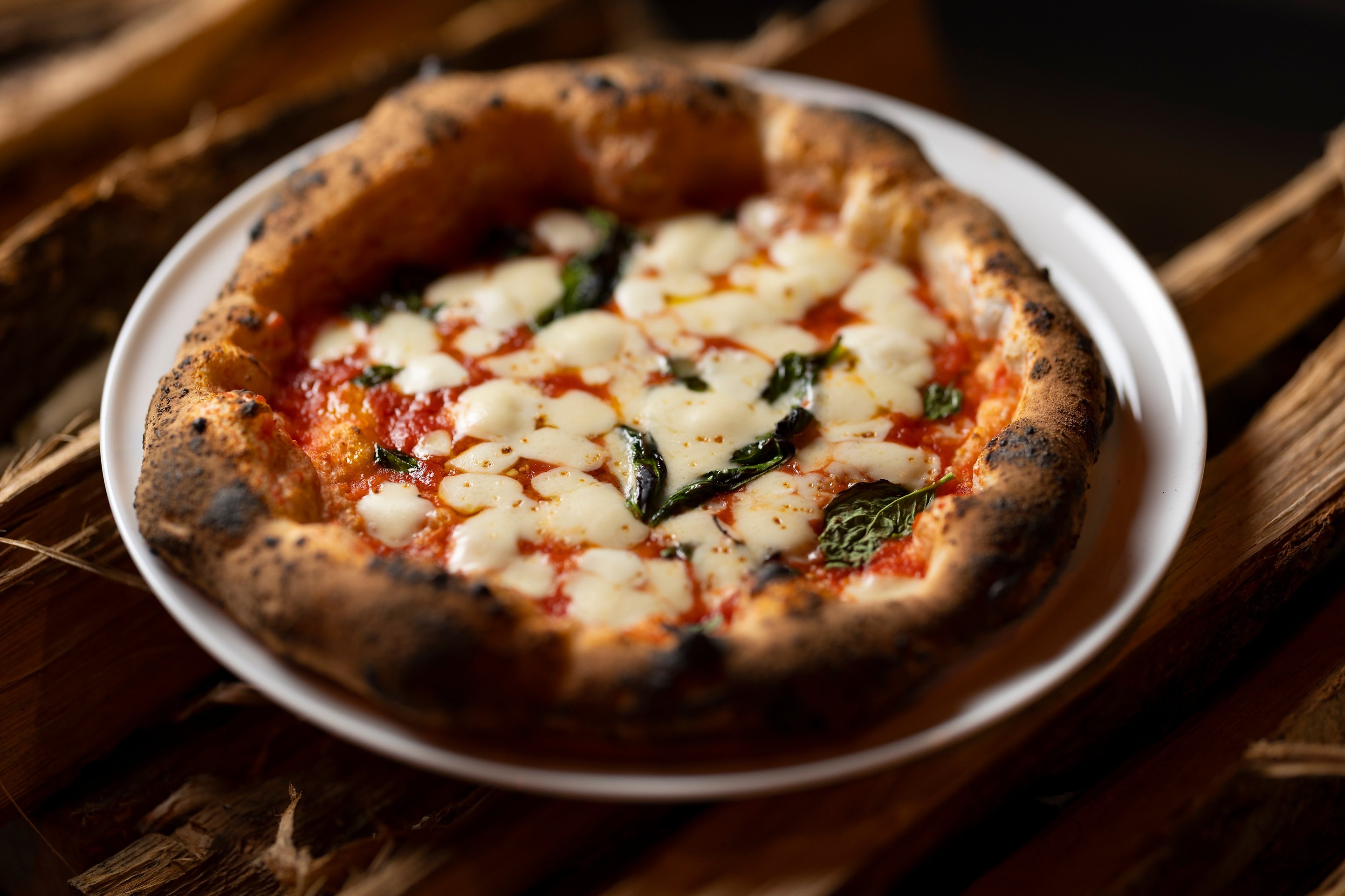 A classic Napoletana pizza on a white plate from Mission Pizza in Winston-Salem