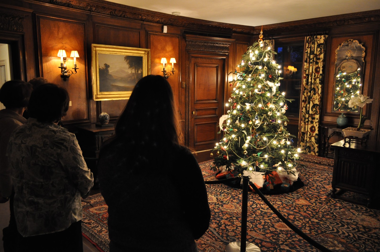 A group tour stops to admire a lit Christmas tree at the Reynolda House Museum of American Art.