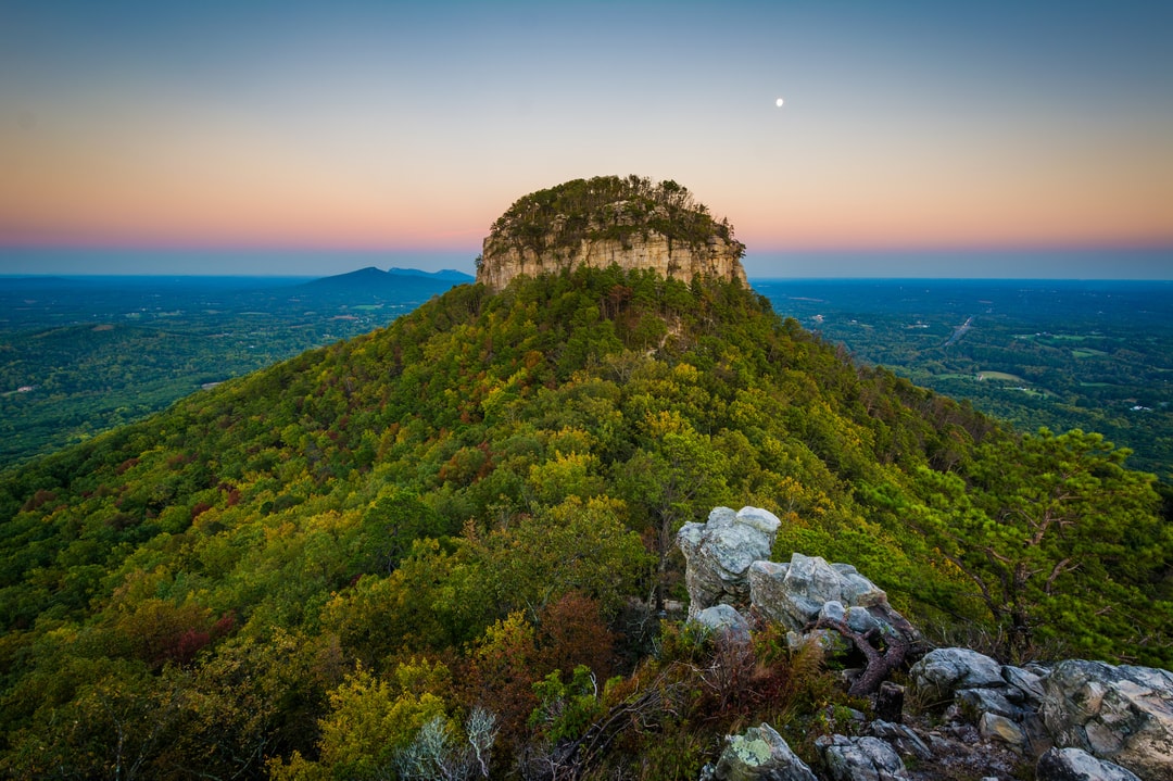 An aerial view of the Big Pinnacle Overlook at Pilot Mountain State Park near Winston-Salem, North Carolina.