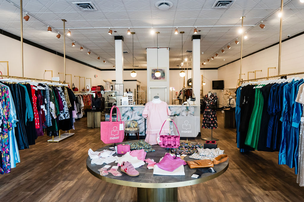 A wide angle image of the interior of Primm's Boutique in Winston-Salem.