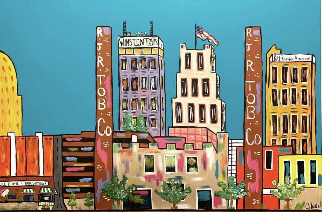 Robyn Churn art, depicting a whimsical and bold-colored take on the Winston-Salem skyline.