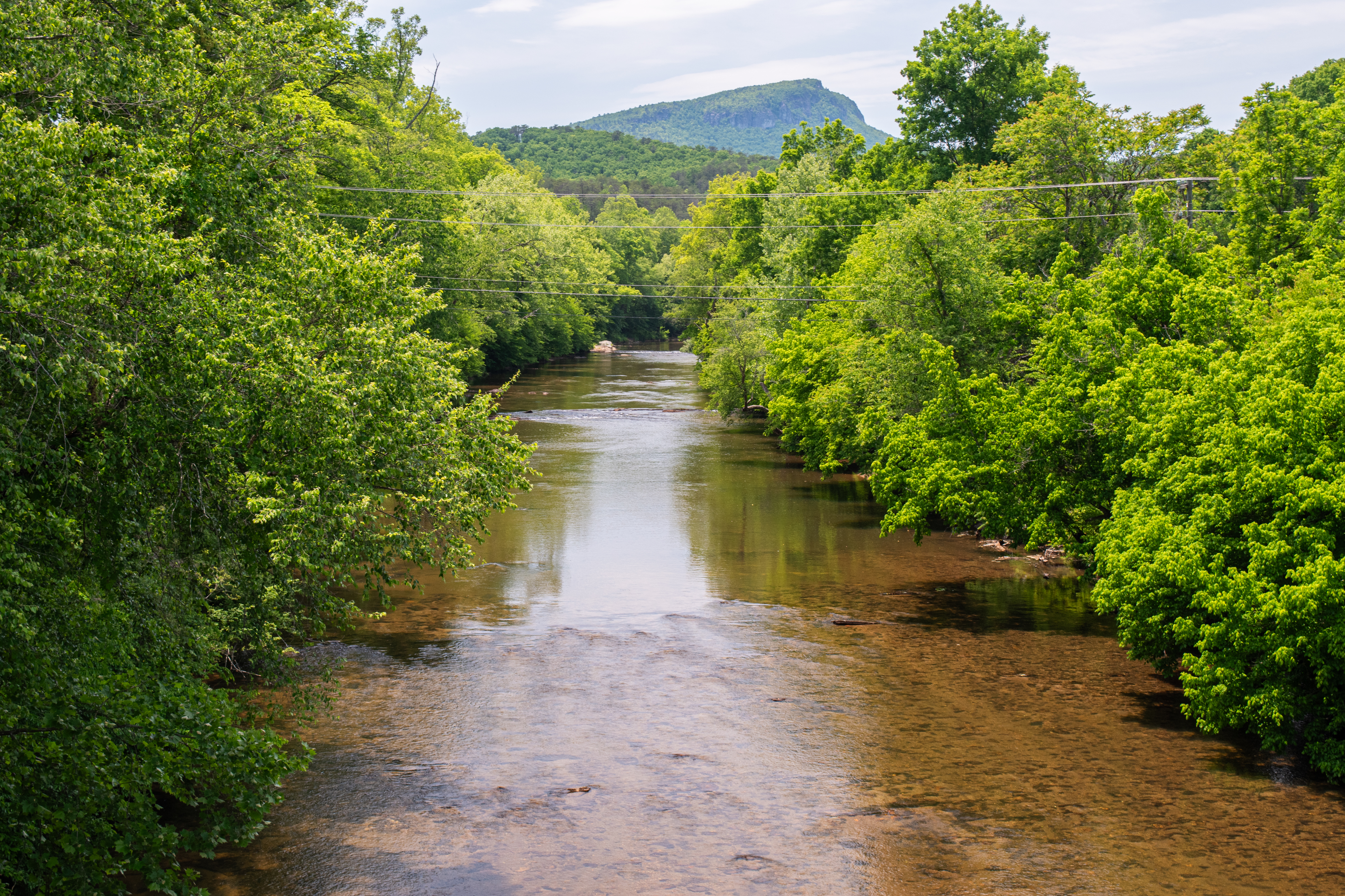 The Dan River with an outline of a mountain range in the background and lush, green trees along the riverbanks.