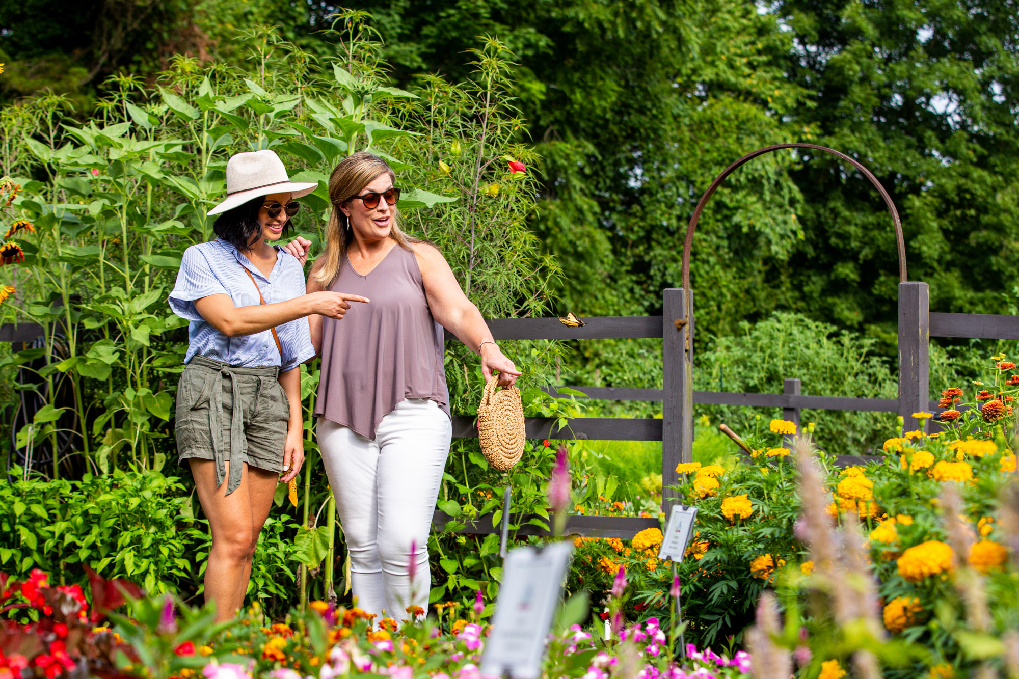 Two women walking through a garden admiring the flowers