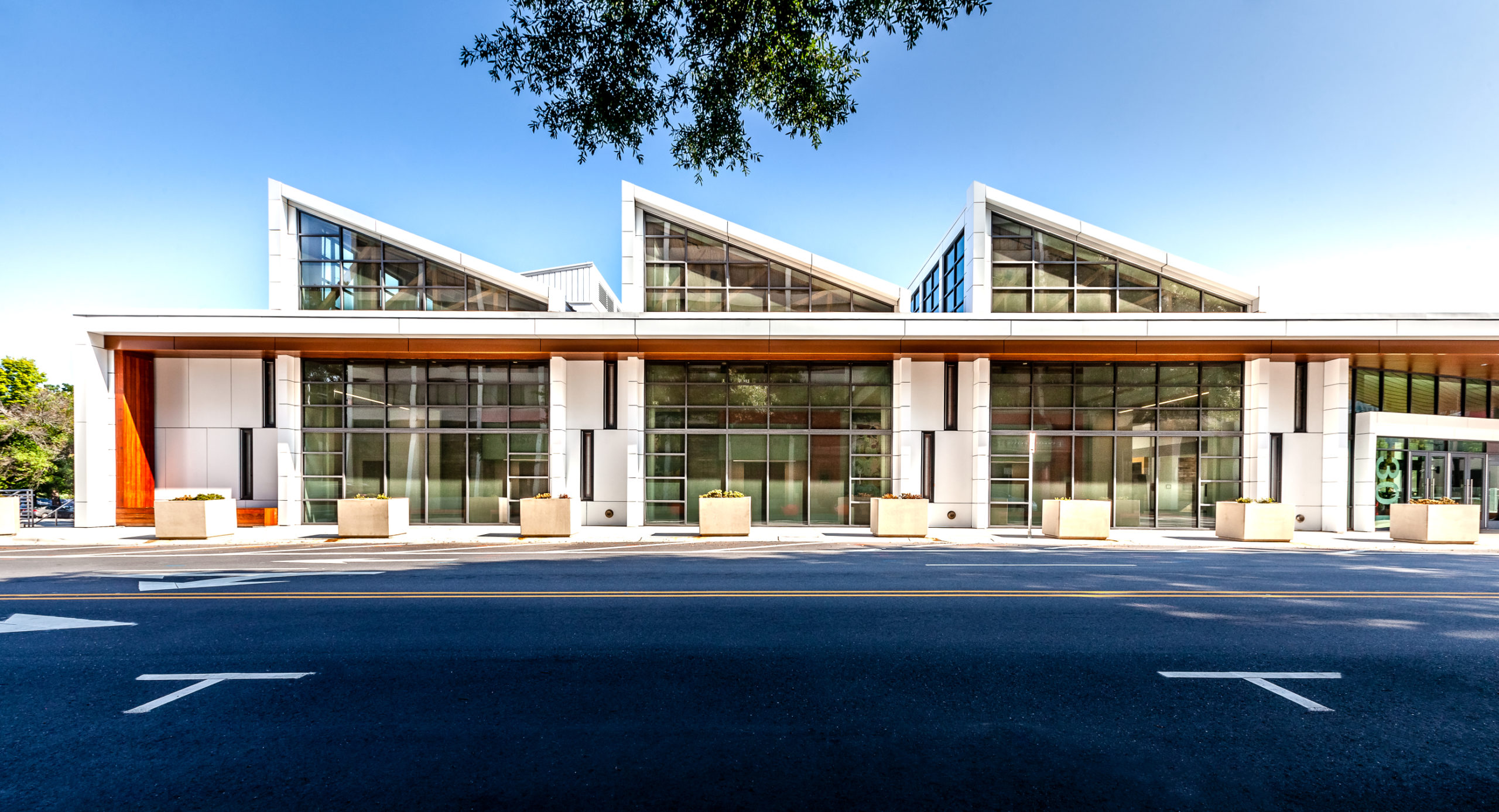 Exterior shot of the sawtooth-shaped exterior of the Benton Convention Center in Winston-Salem, North Carolina