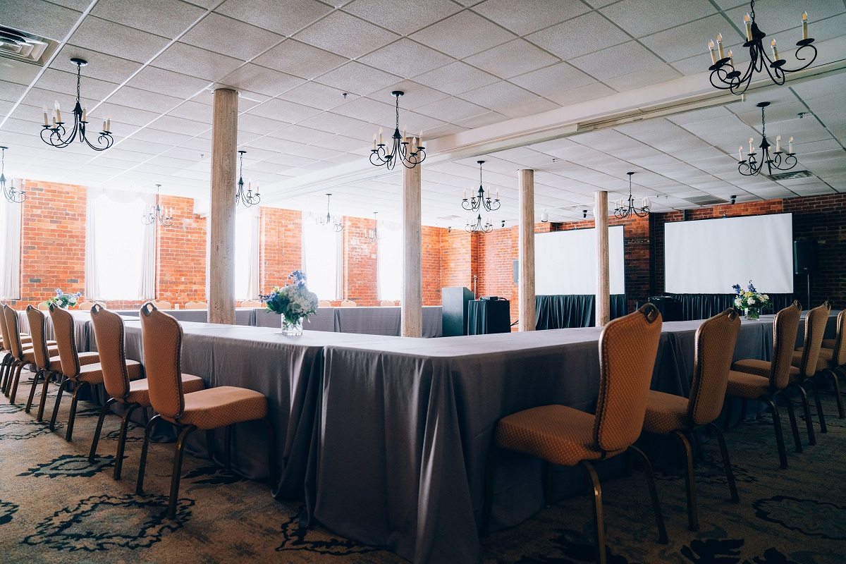 Meeting set up in the main conference room at the Historic Brookstown Inn, located in Winston-Salem.
