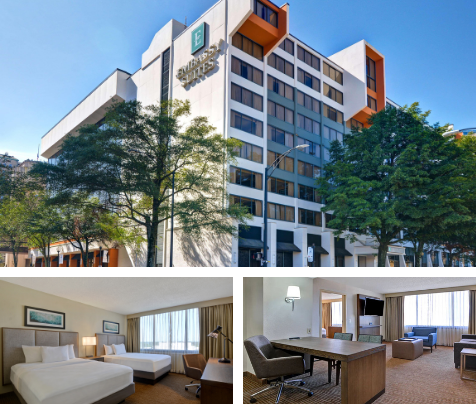 Trio of images depicting the front facade of the Embassy Suites hotel in Winston-Salem; and two photos of the inside of a guest room at the hotel 