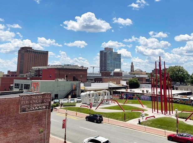 View from the rooftop "Mayfair Club" of ROAR Winston-Salem, looking over Artivity Park.