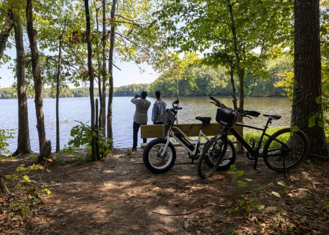 Salem Lake Trail cyclists at bench