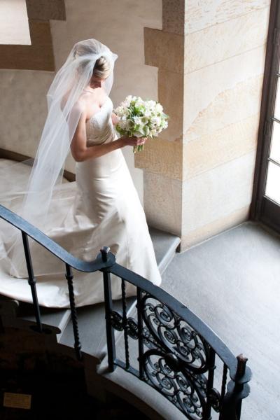 Bride coming down Stairs at Graylyn Estate