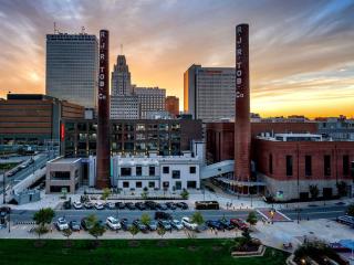 A drone photo of the Winston-Salem skyline from the Innovation Quarter neighborhood.