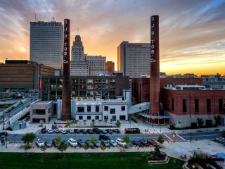 A drone photo of the Winston-Salem skyline from the Innovation Quarter neighborhood.