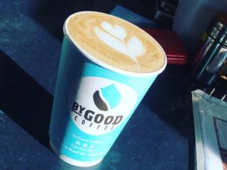 A to-go latte prepared at BYGood Coffee Shop in Winston-Salem.