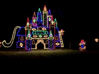 Castle shaped light display at Tanglewood Festival of Lights in Clemmons, North Carolina.