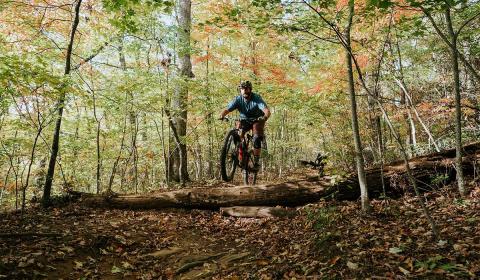 A biker making his way down the Salem Lake Trail