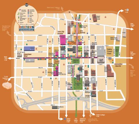 Pedestrian walking map of Downtown Winston-Salem