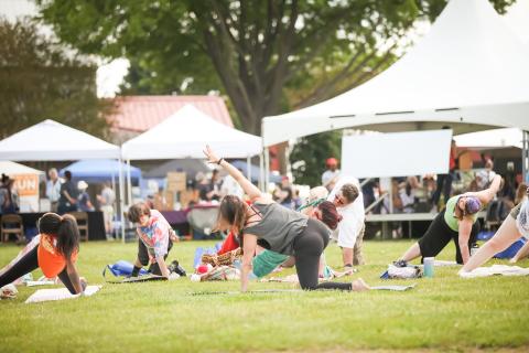 Group of people doing yoga on a grassy lawn
