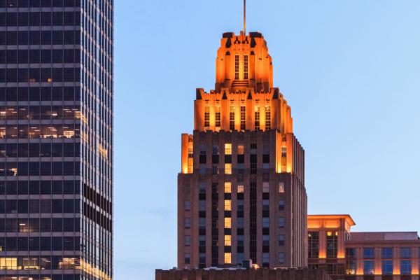 RJR building lit up at night. Photo