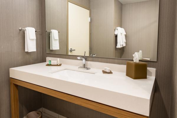 Our spacious bathroom includes a large shower and vanity, bright lighting and our intuitive “shower nook” to place your amenities and towels Photo 18