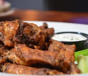 A plate of famous wings with ranch dressing at Foothills Brewpub in downtown Winston-Salem.