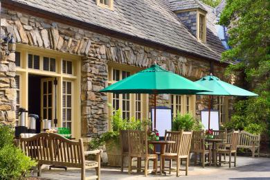 Tables and umbrellas on Grayson Patio