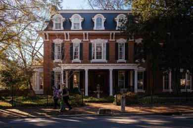 The exterior of Mansion on Main, a short term vacation rental and bed-and-breakfast in the Old Salem Historic District.