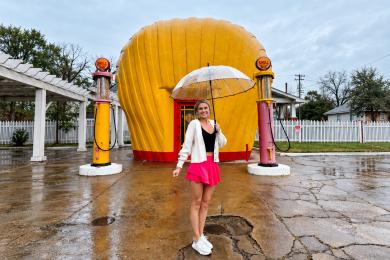 Historic Shell Station on a rainy day