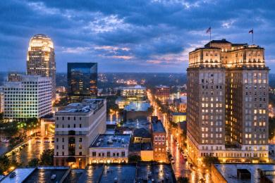 Winston-Salem skyline in the rain