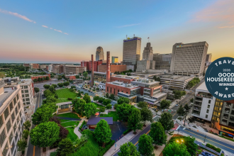 Good Housekeeping seal over Winston-Salem skyline