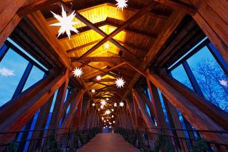 Moravian star lanterns hanging on the Old Salem bridge in Winston-Salem, North Carolina