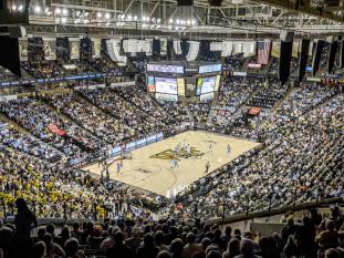 A bird's eye view of a basketball game at the LVJM Coliseum on the Wake Forest University campus in Winston-Salem. 
