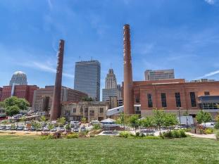 Bailey Park South- featuring the restored Bailey Power Plant and the downtown skyline- in Winston-Salem.