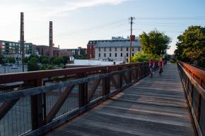 A bridge along the Long Branch Trail that offers pedestrians a long range view of the downtown Winston-Salem skyline, including the RJR smokestacks- now Innovation Quarter.