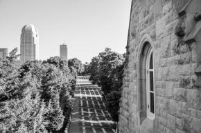Old Salem God's Acre with skyline B&amp;W