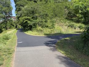A fork in the path of the Salem Creek Greenway trail that provides a connection to the Long Branch Trail.